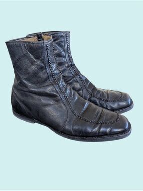 Vintage Black Leather Moc Toe Ankle Boots